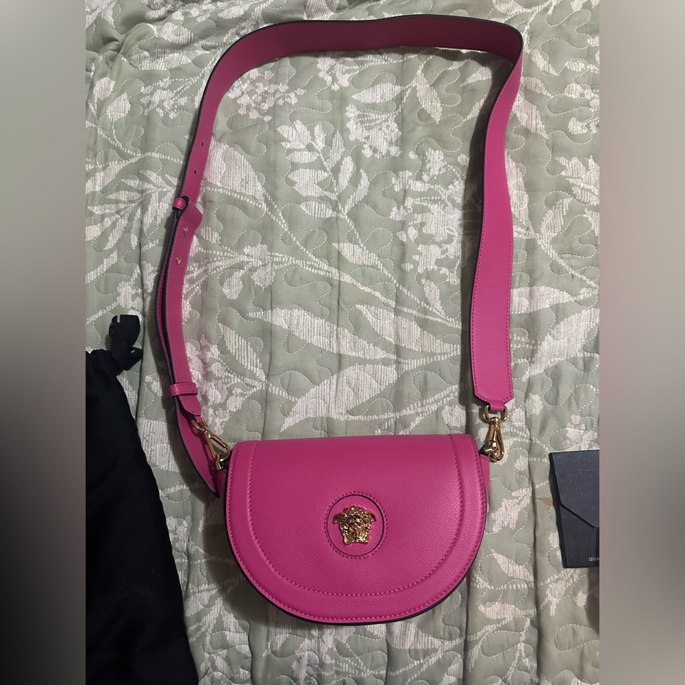Authentic Versace Fuchsia Crossbody Bag with Gold Accents